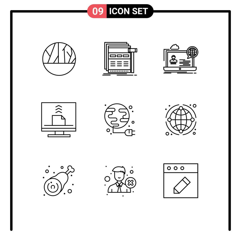 Pack of 9 creative Outlines of desktop computer wireframe communication seminar Editable Vector Design Elements