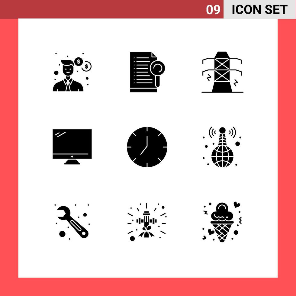 Set of 9 Commercial Solid Glyphs pack for clock imac electricity device computer Editable Vector Design Elements