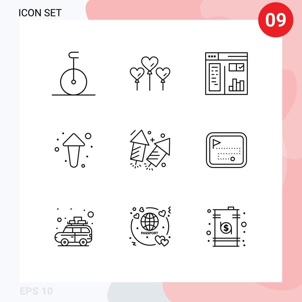 Group of 9 Modern Outlines Set for fire love paint firework up Editable Vector Design Elements