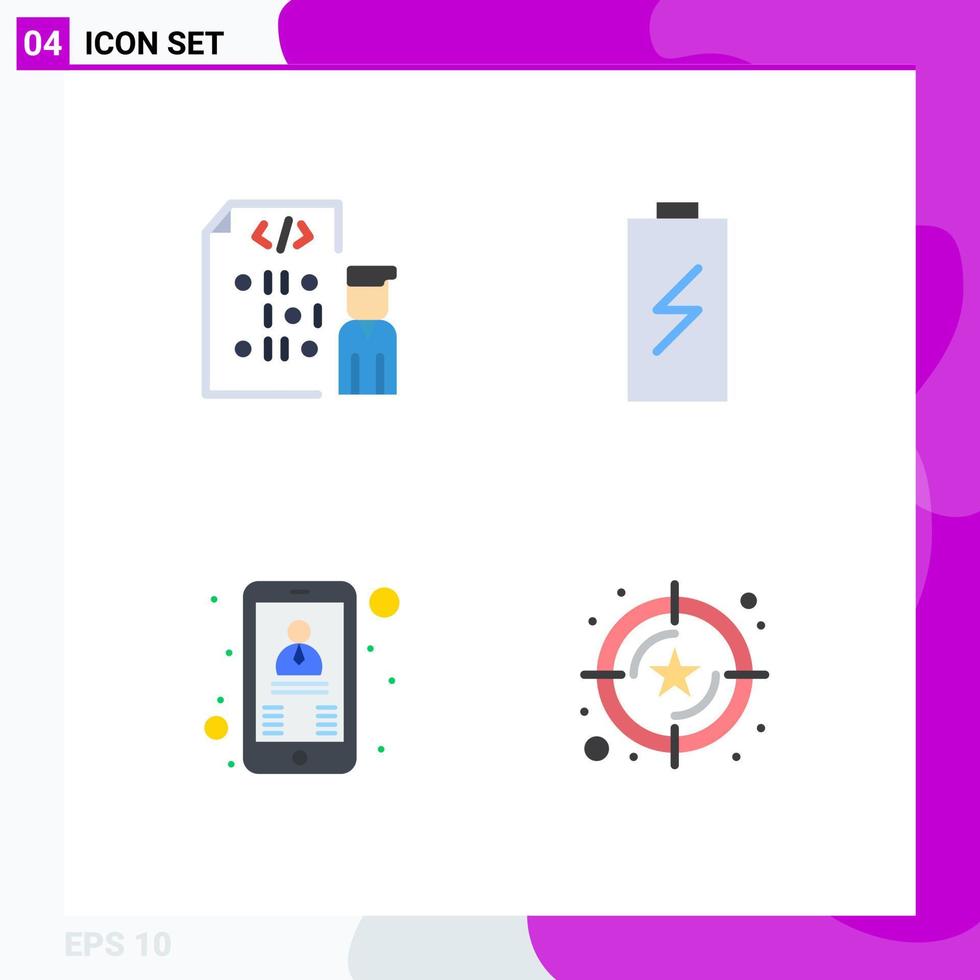 Set of 4 Commercial Flat Icons pack for coding electricity programmer charge phone Editable Vector Design Elements