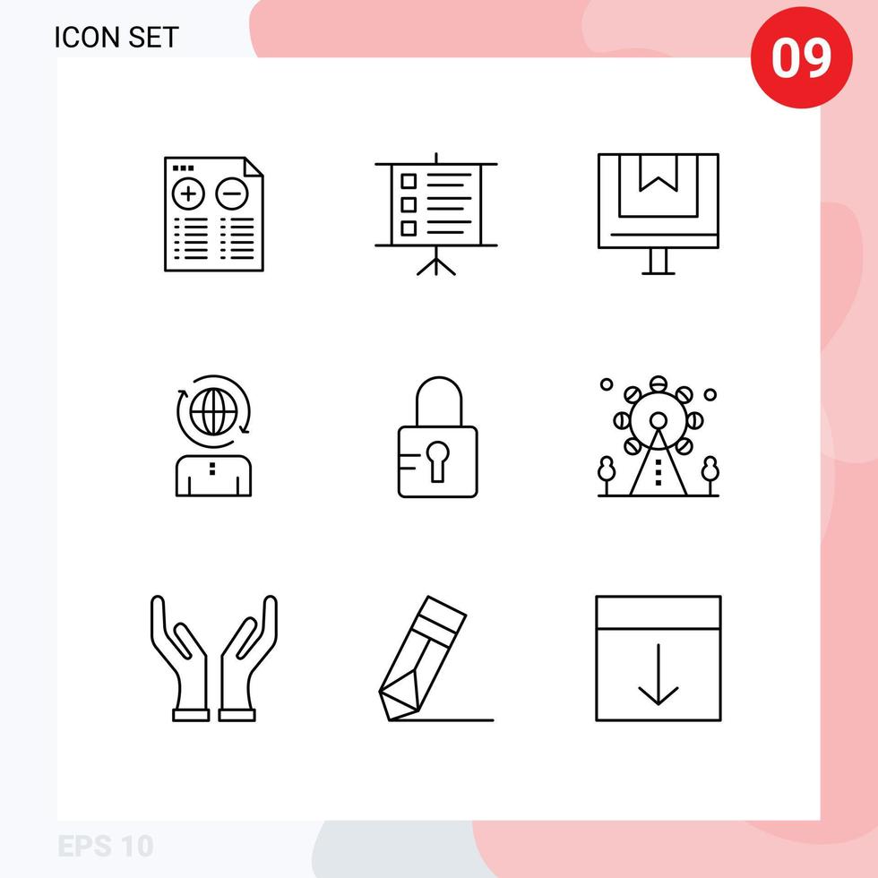 Pack of 9 Modern Outlines Signs and Symbols for Web Print Media such as locked modern commerce management business Editable Vector Design Elements