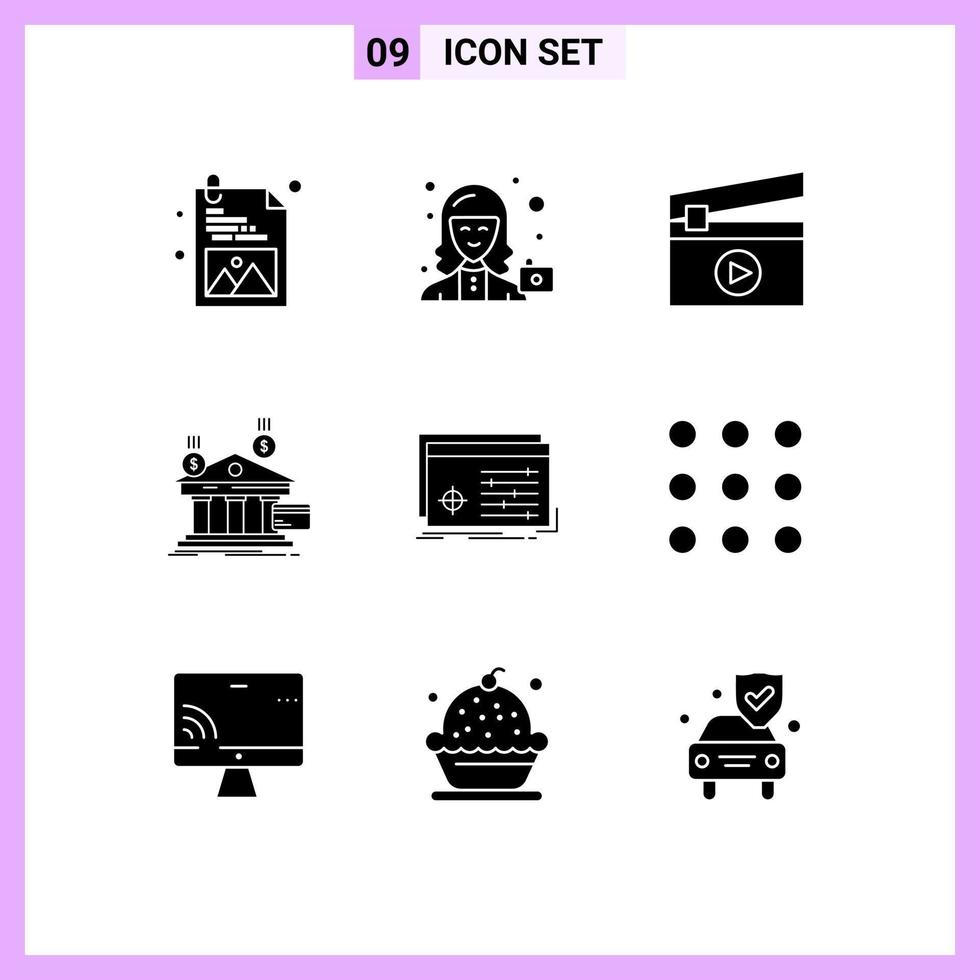 Pictogram Set of 9 Simple Solid Glyphs of object money film financial payments Editable Vector Design Elements
