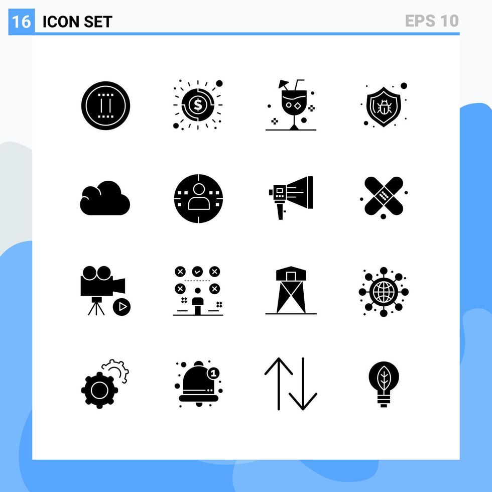 Universal Icon Symbols Group of 16 Modern Solid Glyphs of cloud protect beach bug glass Editable Vector Design Elements