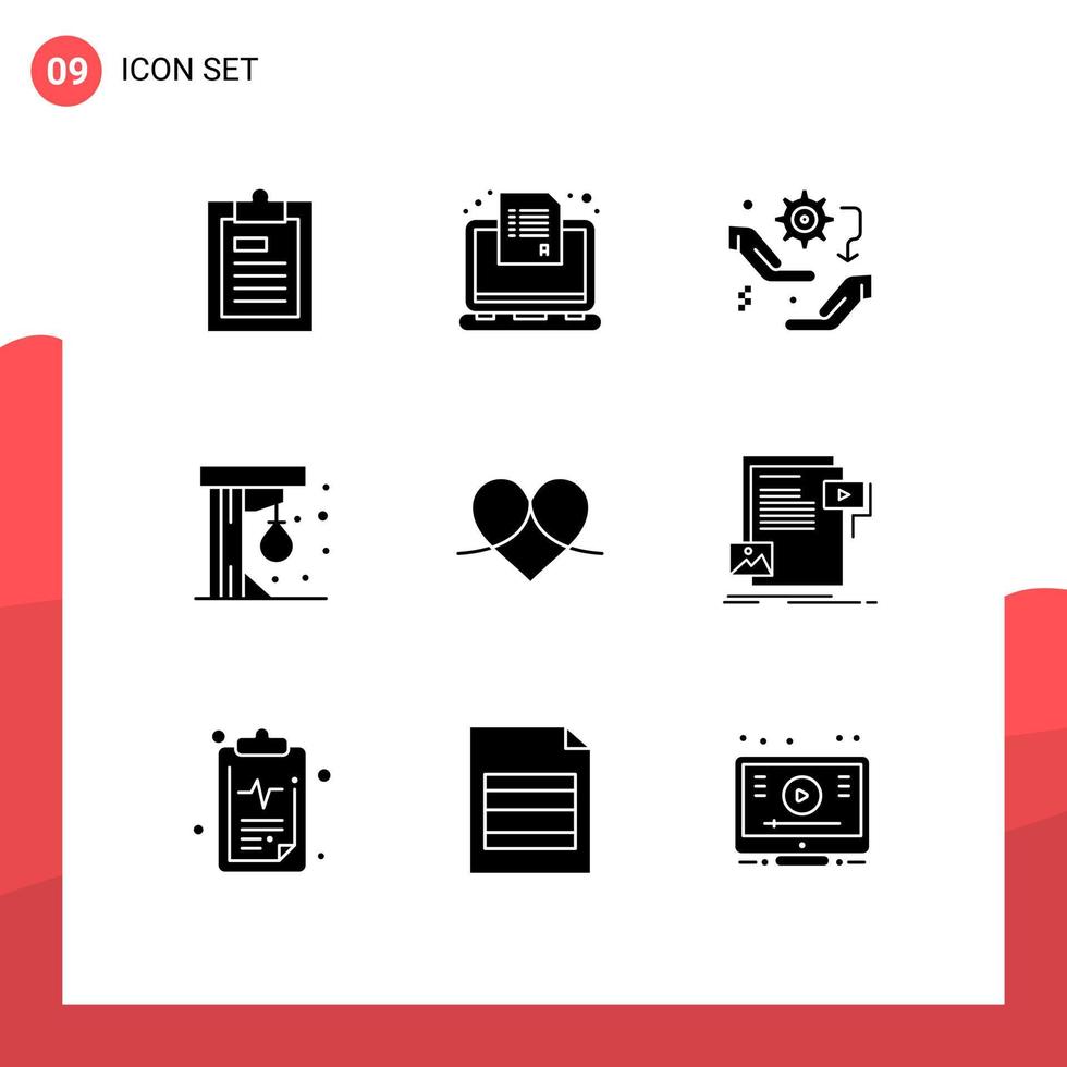 Modern Set of 9 Solid Glyphs Pictograph of game punching ball questionnaire setting setup Editable Vector Design Elements