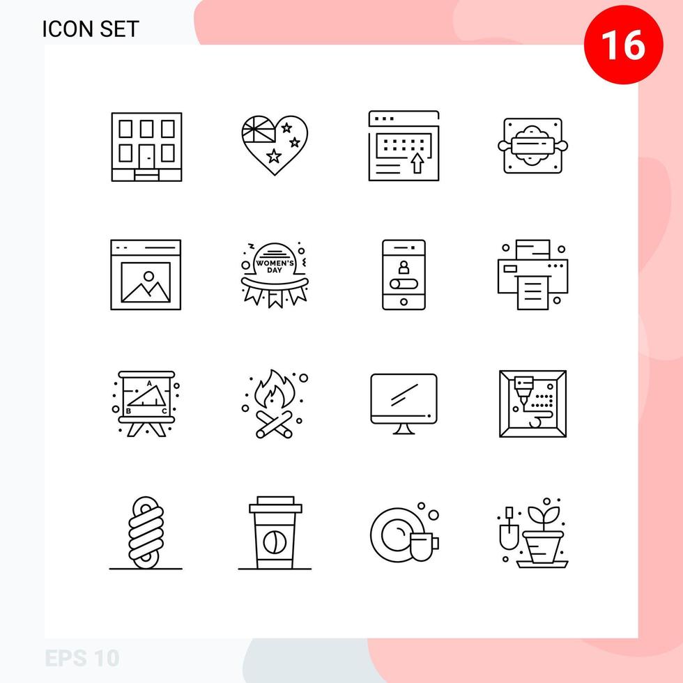 User Interface Pack of 16 Basic Outlines of communication bread roller advertising baking page Editable Vector Design Elements