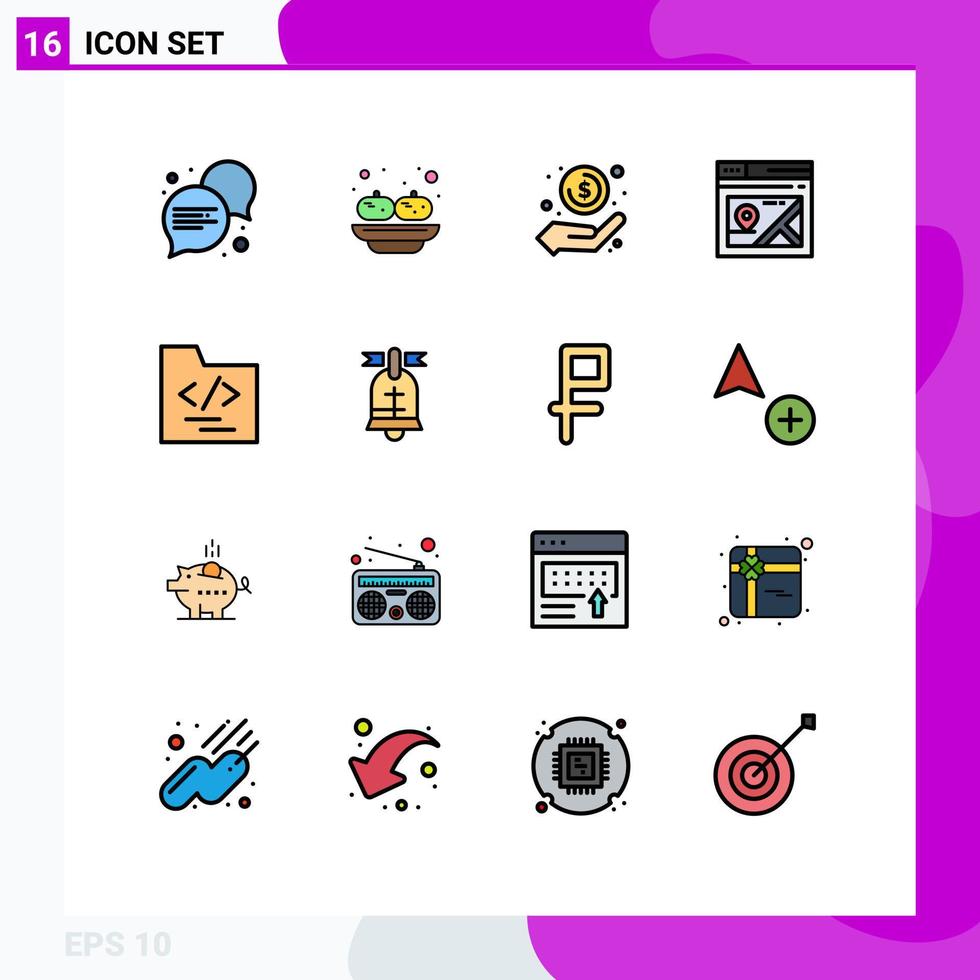 Pack of 16 creative Flat Color Filled Lines of file map hand location web Editable Creative Vector Design Elements