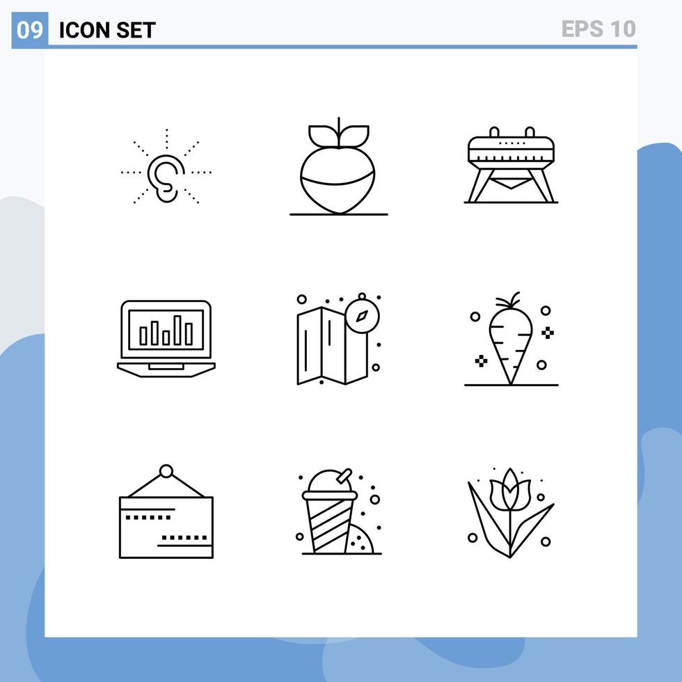 Mobile Interface Outline Set of 9 Pictograms of location statistics gymnastic monitoring graph Editable Vector Design Elements