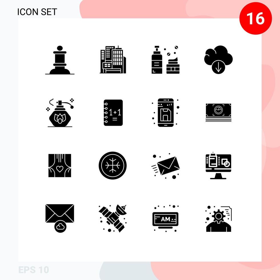 Modern Set of 16 Solid Glyphs and symbols such as notebook clean lotion spray download Editable Vector Design Elements