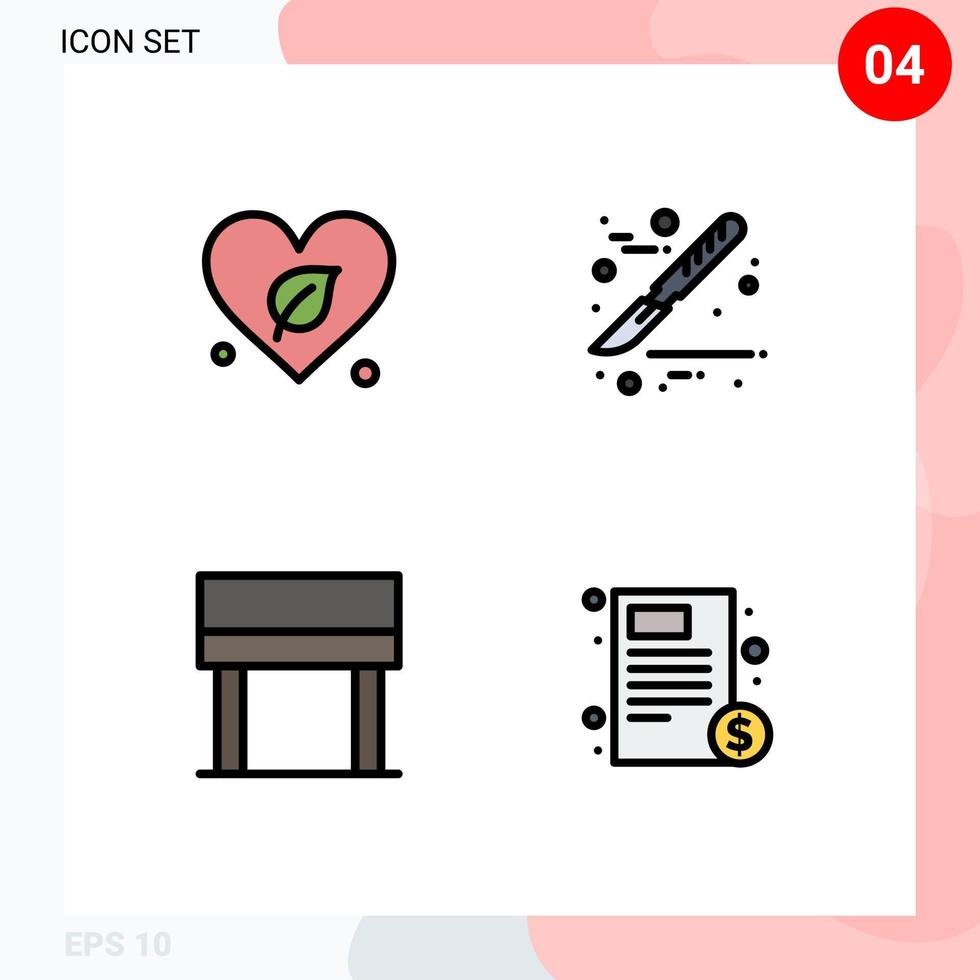 4 Universal Filledline Flat Color Signs Symbols of heart table save surgery file Editable Vector Design Elements