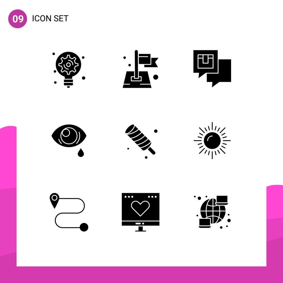 Modern Set of 9 Solid Glyphs and symbols such as sad droop map eye message Editable Vector Design Elements