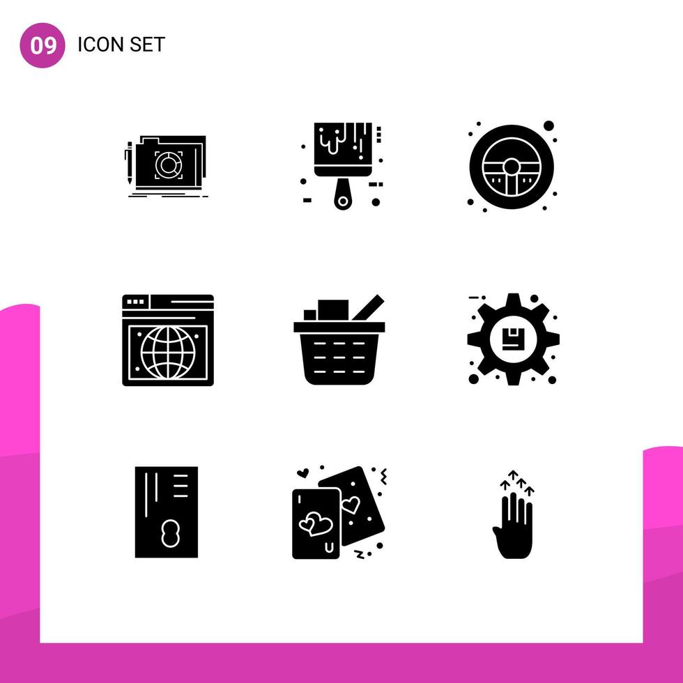 9 Thematic Vector Solid Glyphs and Editable Symbols of shopping cart basket helm webpage seo Editable Vector Design Elements