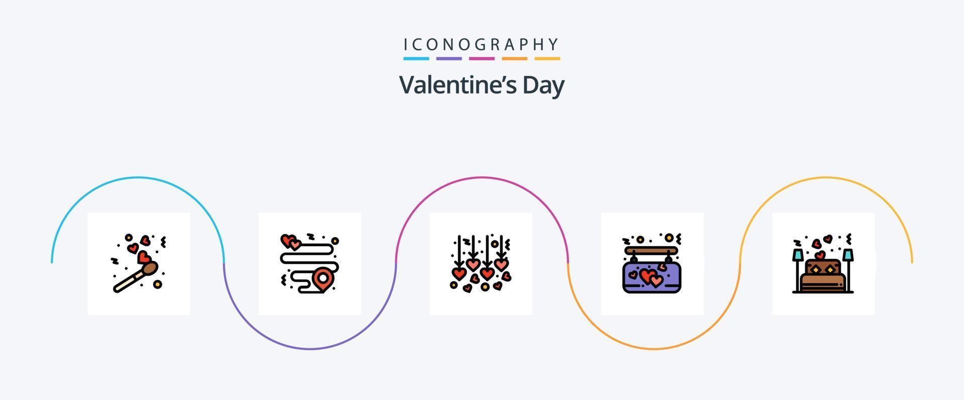 la línea del día de san valentín llenó el paquete de iconos planos 5 que incluye al amante. pareja. corazón. cama. colgante vector