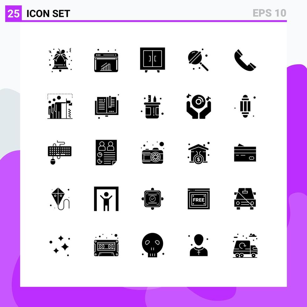 Pictogram Set of 25 Simple Solid Glyphs of phone call furniture sweets lollipop Editable Vector Design Elements