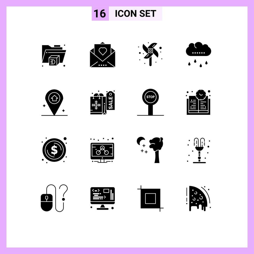 Mobile Interface Solid Glyph Set of 16 Pictograms of christmas navigation windmill map rainy Editable Vector Design Elements