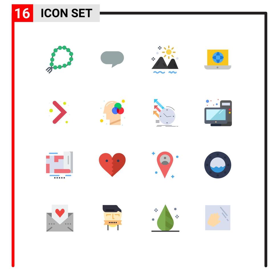 Pack of 16 Modern Flat Colors Signs and Symbols for Web Print Media such as arrow globe landscape world summer Editable Pack of Creative Vector Design Elements