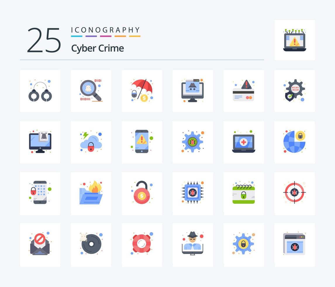 paquete de iconos de color plano de 25 delitos cibernéticos que incluye tarjeta. hacker hacker cibernético vector