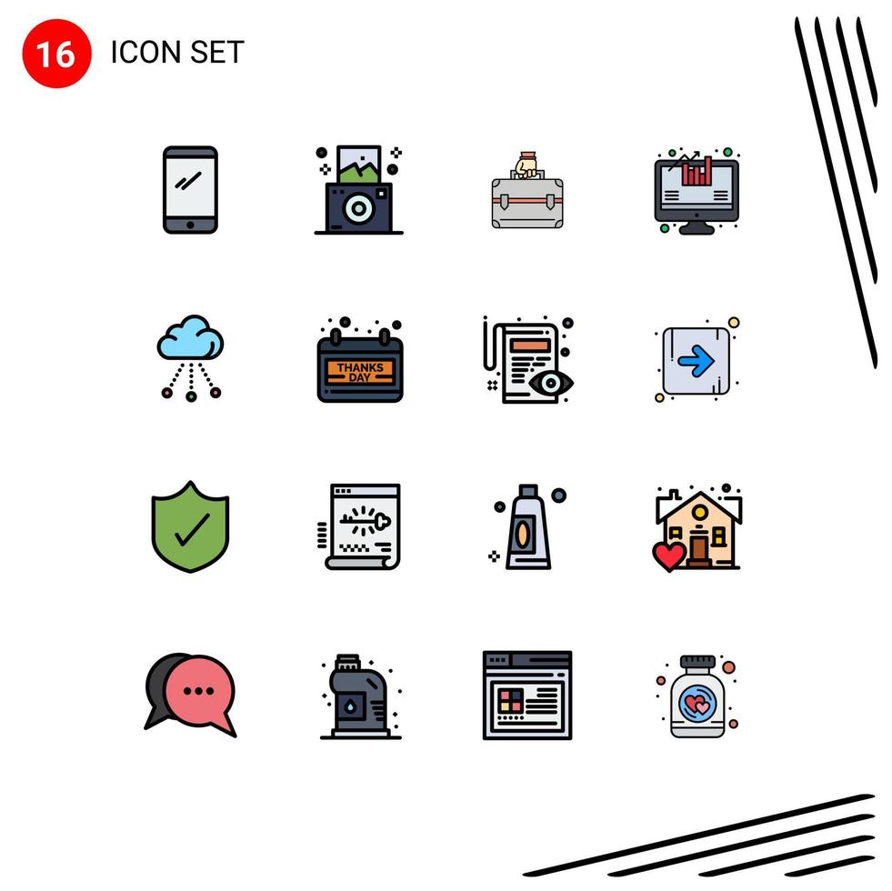 Flat Color Filled Line Pack of 16 Universal Symbols of storage cloud money growth analysis Editable Creative Vector Design Elements
