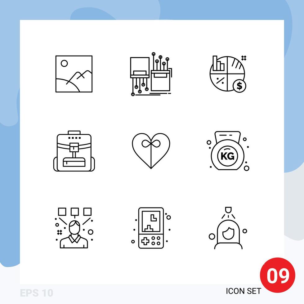Modern Set of 9 Outlines Pictograph of heart school cable backbag graph Editable Vector Design Elements