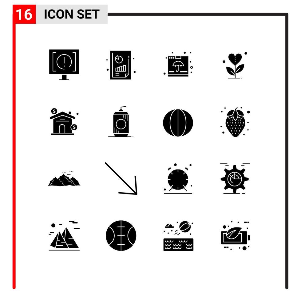 User Interface Pack of 16 Basic Solid Glyphs of heart grow graph analysis gratitude insurance Editable Vector Design Elements