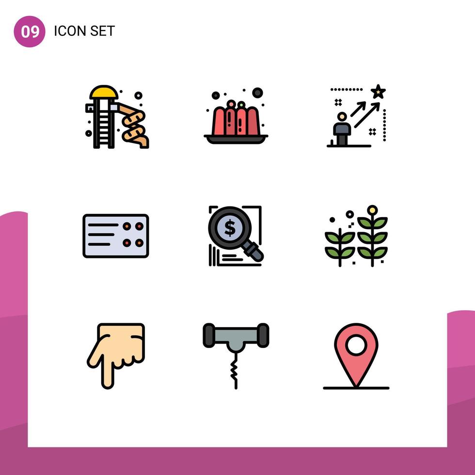 User Interface Pack of 9 Basic Filledline Flat Colors of business dollar top search ticket Editable Vector Design Elements
