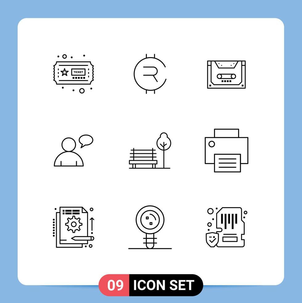 9 User Interface Outline Pack of modern Signs and Symbols of park banch audio user basic Editable Vector Design Elements