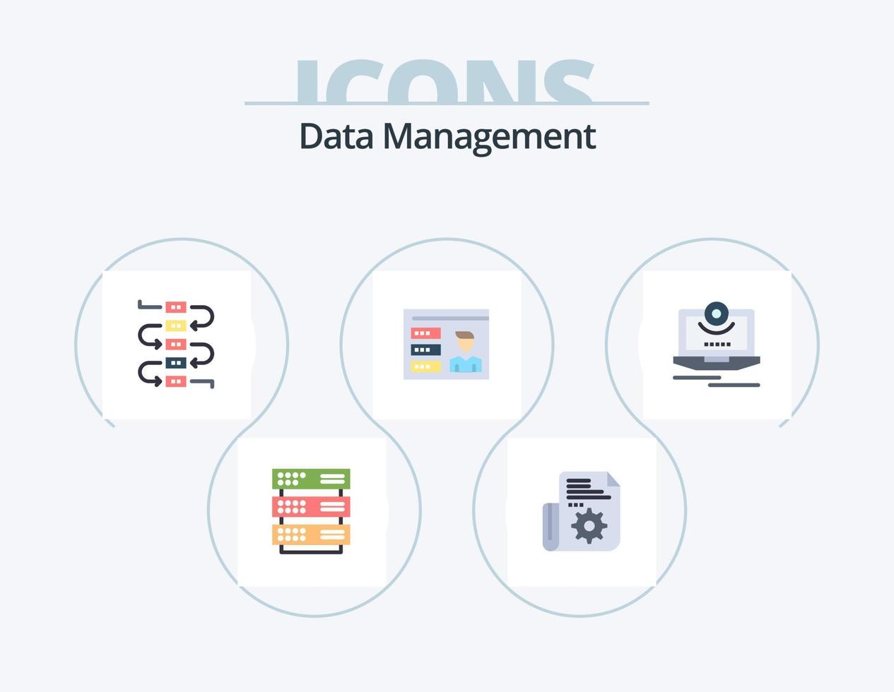 Data Management Flat Icon Pack 5 Icon Design. computer. cam. music. id. profile vector