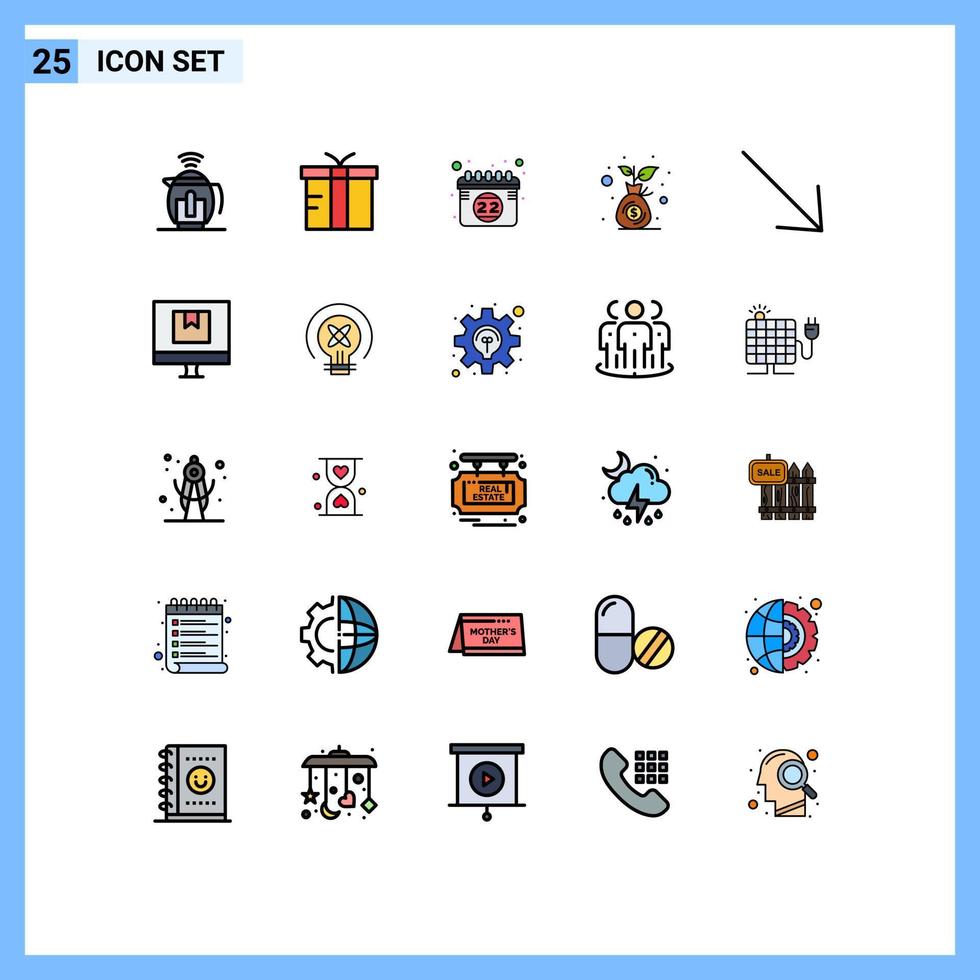 User Interface Pack of 25 Basic Filled line Flat Colors of right money bag calendar investment budget Editable Vector Design Elements