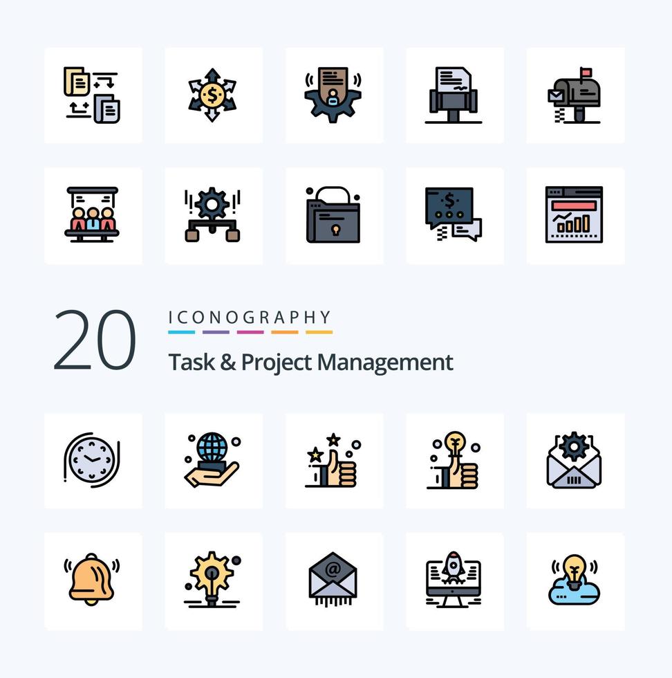 20 Task And Project Management Line Filled Color icon Pack like bell setting hand mail investment vector