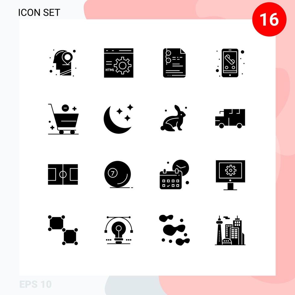 16 User Interface Solid Glyph Pack of modern Signs and Symbols of cart phone programming mobile education Editable Vector Design Elements