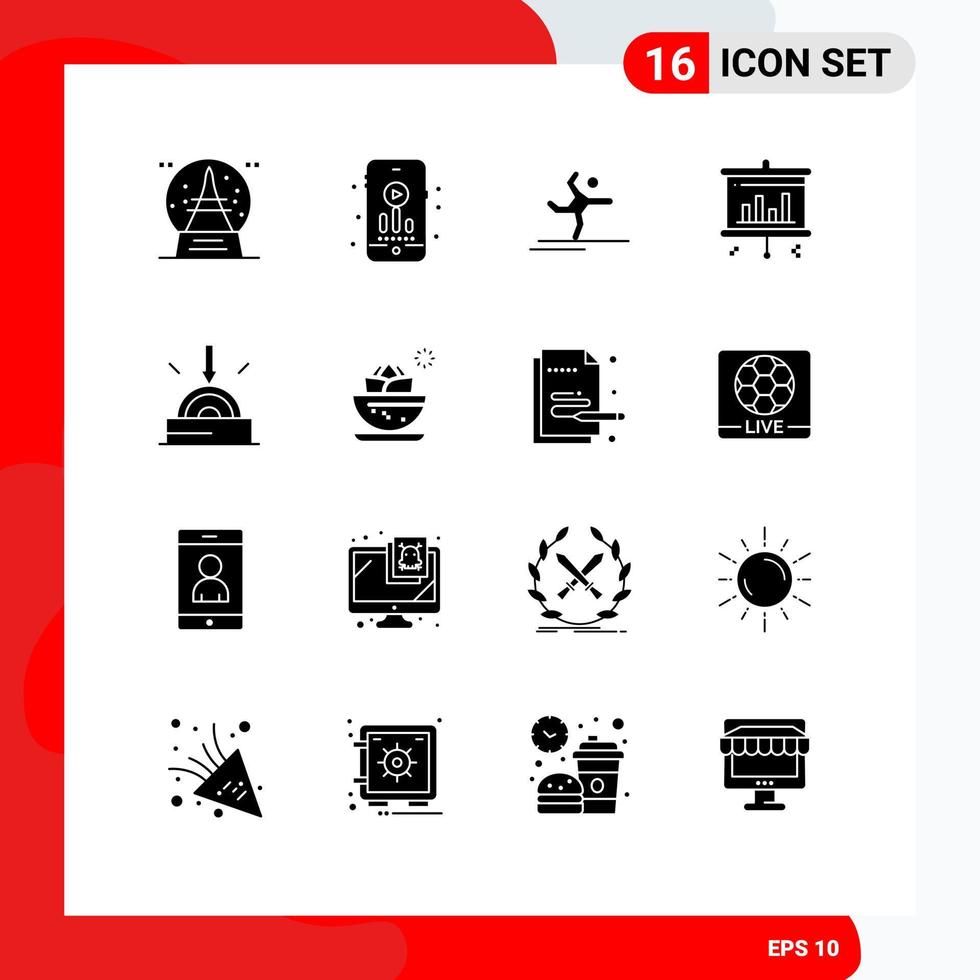 Pack of 16 Modern Solid Glyphs Signs and Symbols for Web Print Media such as technology download gymnastics business projector Editable Vector Design Elements