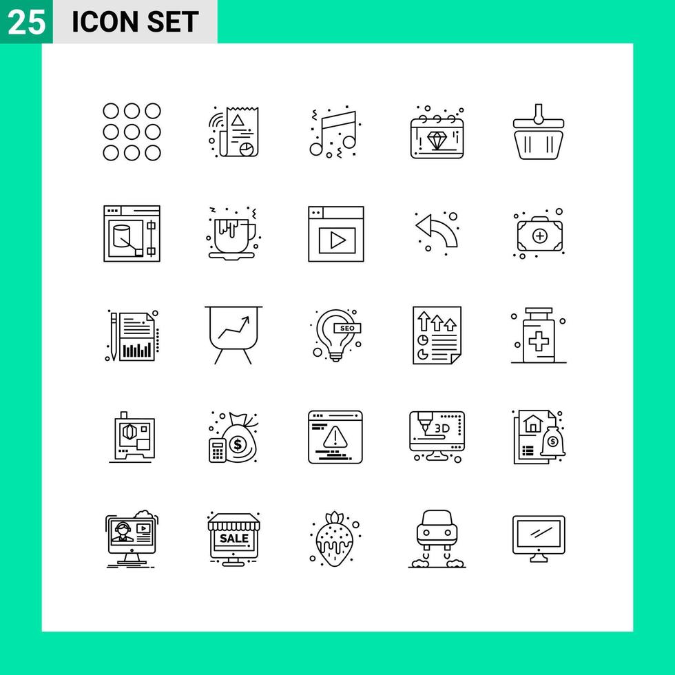 25 User Interface Line Pack of modern Signs and Symbols of cart money music gem day Editable Vector Design Elements