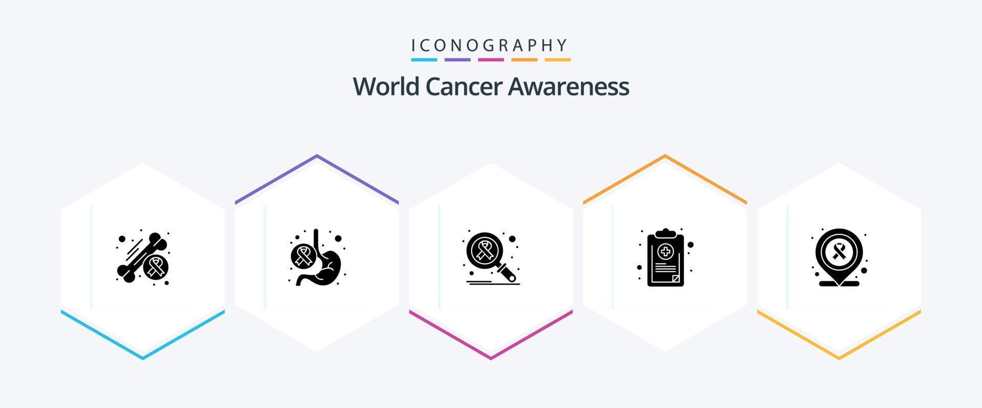 paquete de iconos de 25 glifos de conciencia mundial sobre el cáncer, incluido el médico. controlar. estómago. cuadro. buscar vector