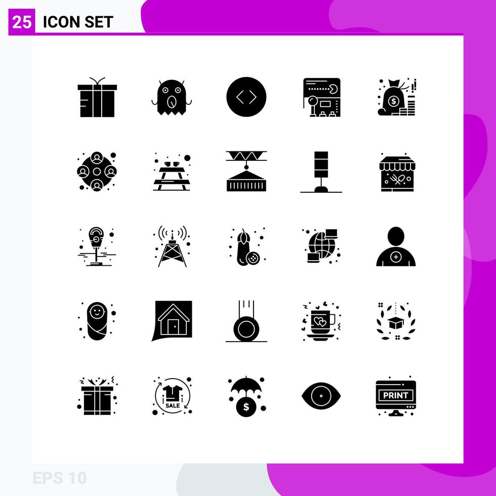 Modern Set of 25 Solid Glyphs Pictograph of money bag circle account fun Editable Vector Design Elements