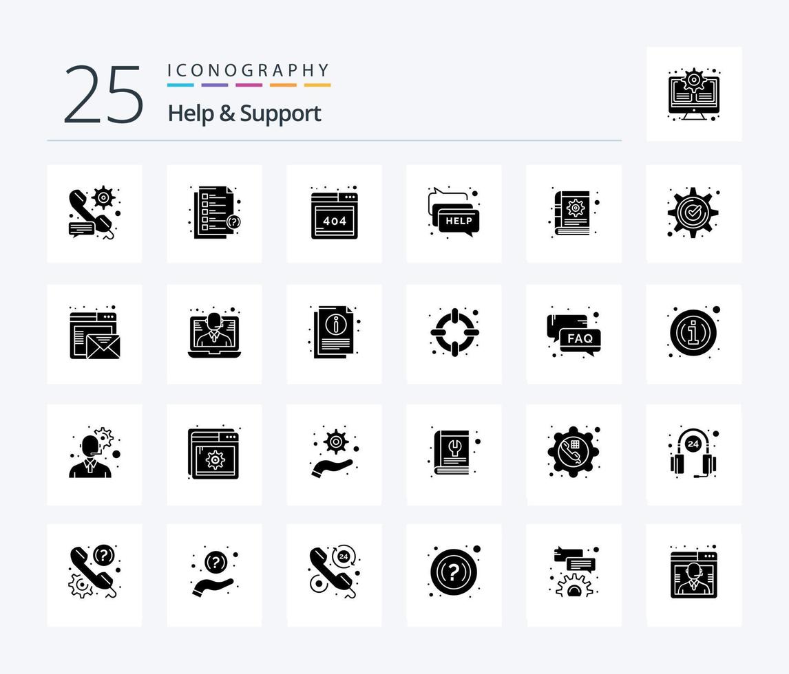 Help And Support 25 Solid Glyph icon pack including content. message. support. help. chat vector