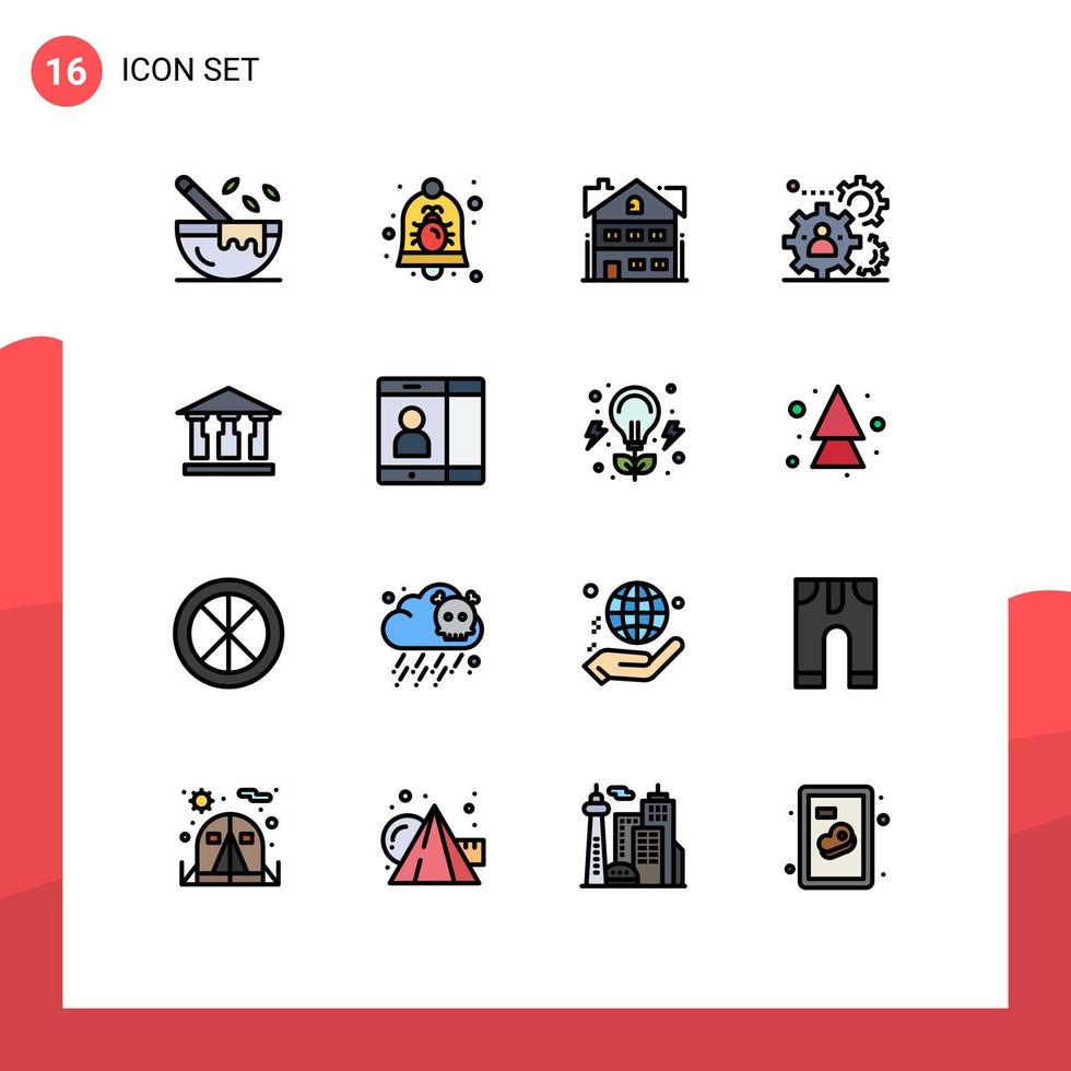 User Interface Pack of 16 Basic Flat Color Filled Lines of teamwork production security people home Editable Creative Vector Design Elements