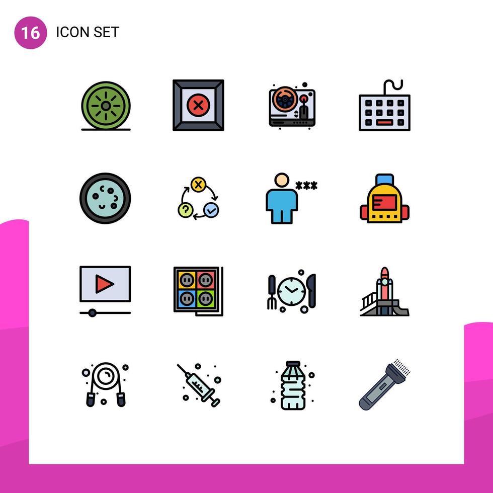 16 líneas llenas de color plano universal signos símbolos de educación juego de bacterias equipo de teclado elementos de diseño de vectores creativos editables