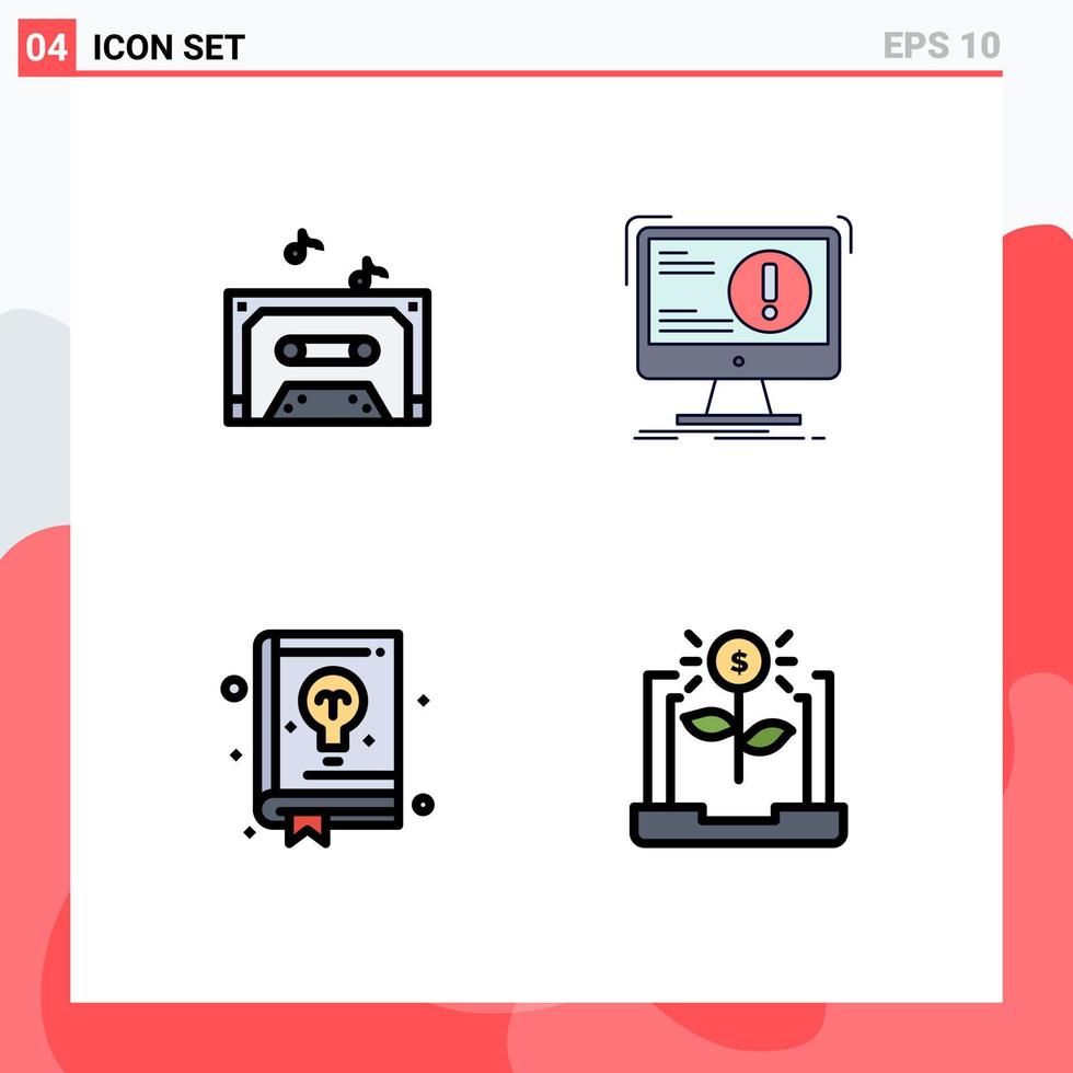 paquete de 4 modernos signos y símbolos de colores planos de línea rellena para medios de impresión web, como alerta de educación musical, aprendizaje informático, elementos de diseño de vectores editables