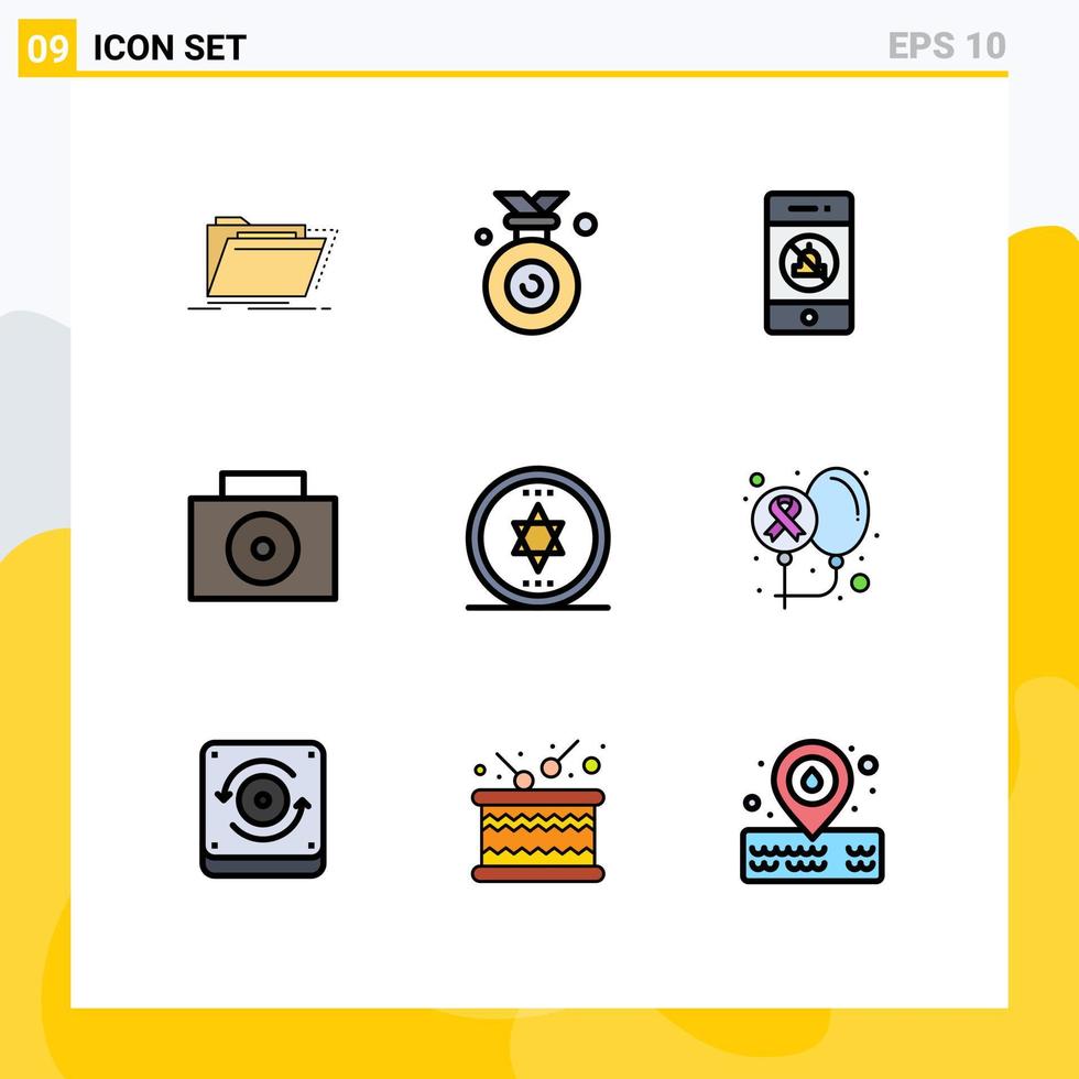 Universal Icon Symbols Group of 9 Modern Filledline Flat Colors of magic circle won suitcase technology Editable Vector Design Elements