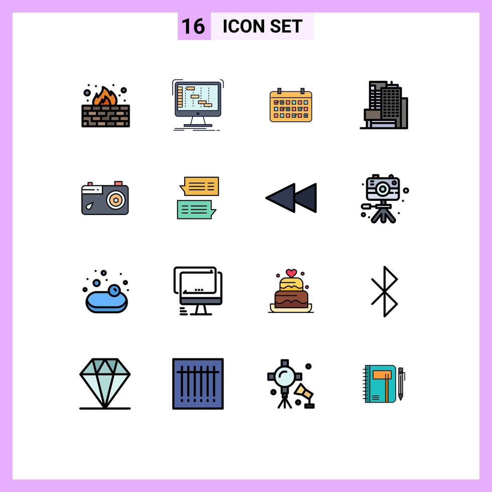 16 signos de línea llenos de color plano universal símbolos de secuenciador de negocios de cámara año de construcción elementos de diseño de vector creativo editable