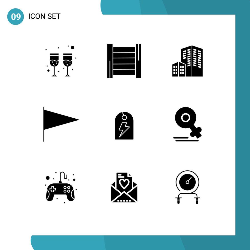 Group of 9 Modern Solid Glyphs Set for gander energy construction power tag Editable Vector Design Elements