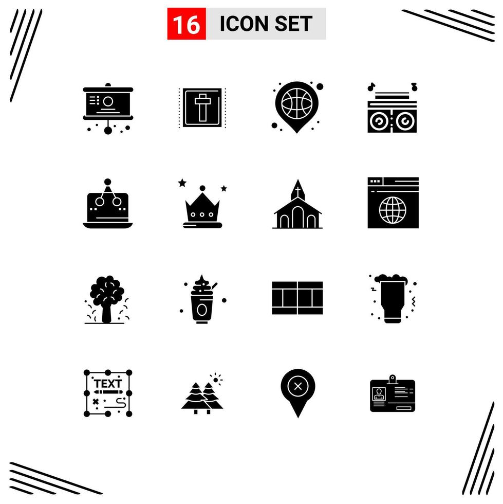 Group of 16 Modern Solid Glyphs Set for digital radio basket player sport Editable Vector Design Elements