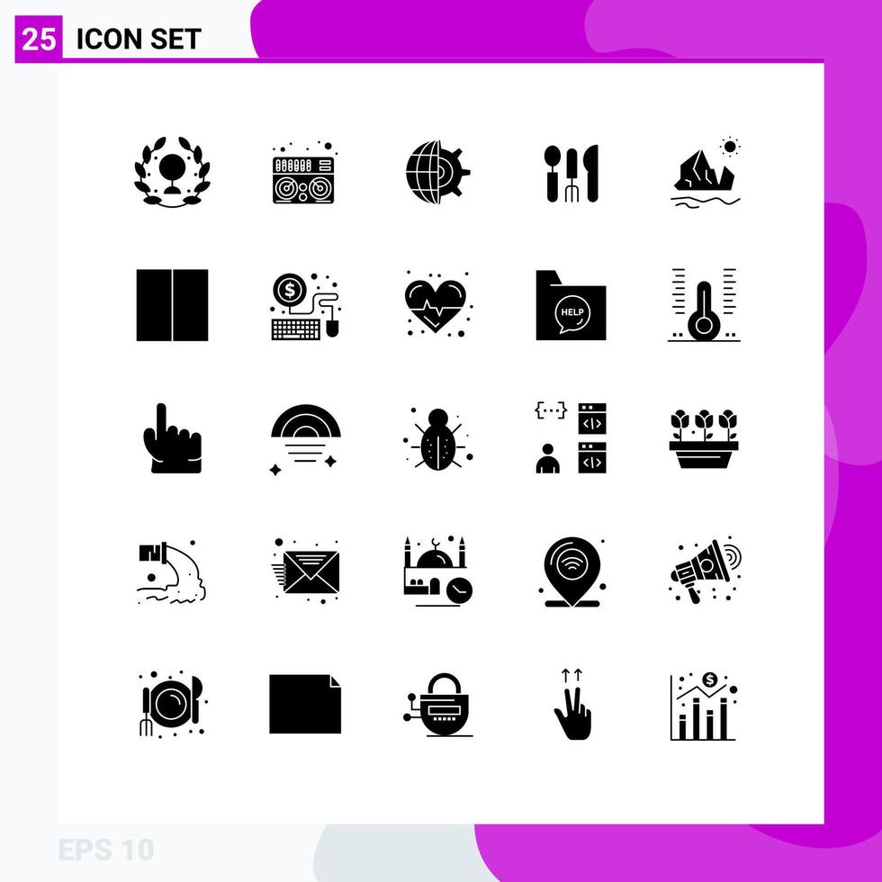 25 User Interface Solid Glyph Pack of modern Signs and Symbols of ice ecology globe travel hotel Editable Vector Design Elements