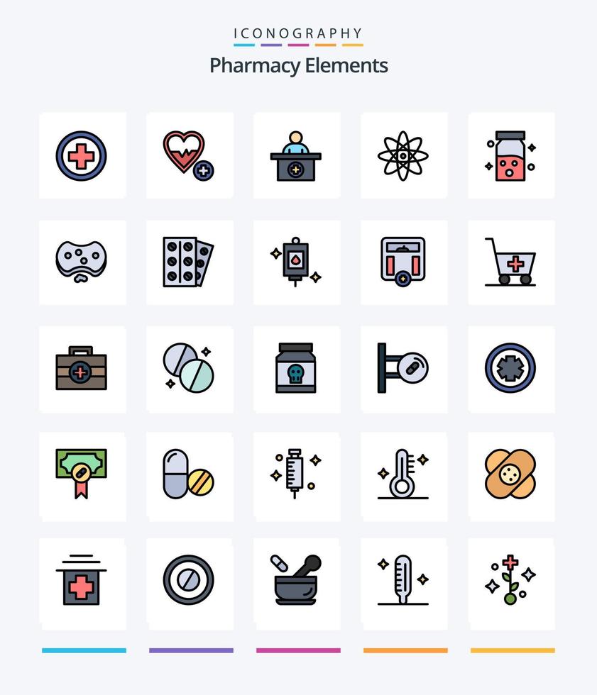 elementos creativos de farmacia paquete de iconos rellenos de 25 líneas, como atención médica. drogas hospital. ciencia. átomo vector