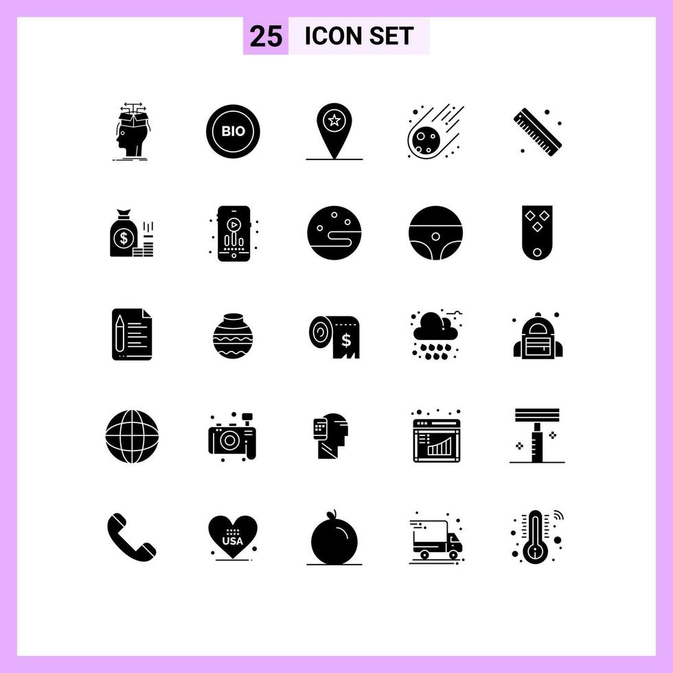 25 User Interface Solid Glyph Pack of modern Signs and Symbols of space asteroid energy meteorite placeholder Editable Vector Design Elements