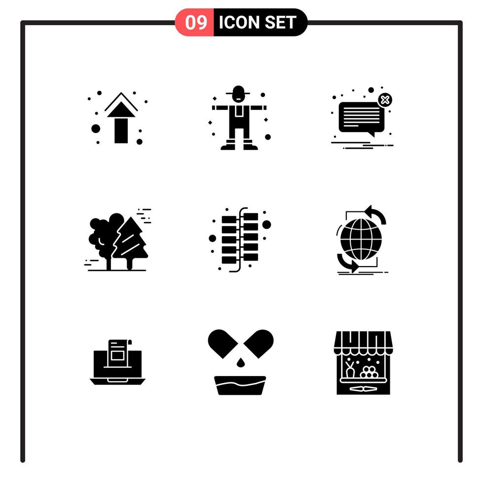 Pack of 9 creative Solid Glyphs of pine trees arctic scarecrow alpine message Editable Vector Design Elements