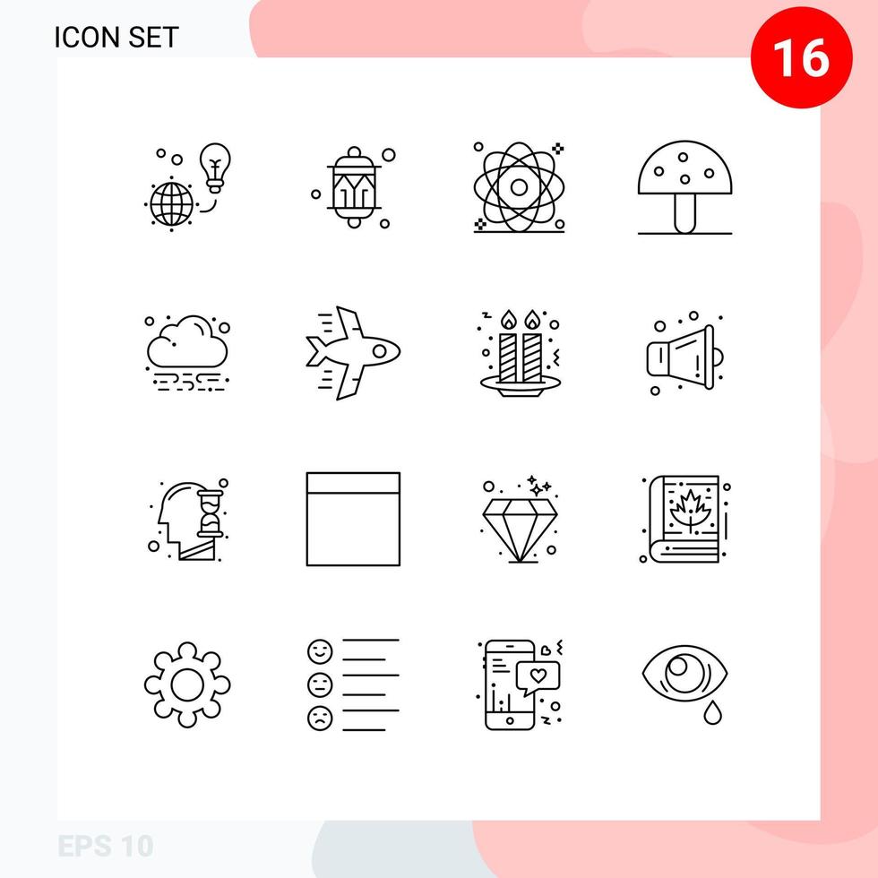 Pictogram Set of 16 Simple Outlines of mushroom autumn lantern power molecule Editable Vector Design Elements