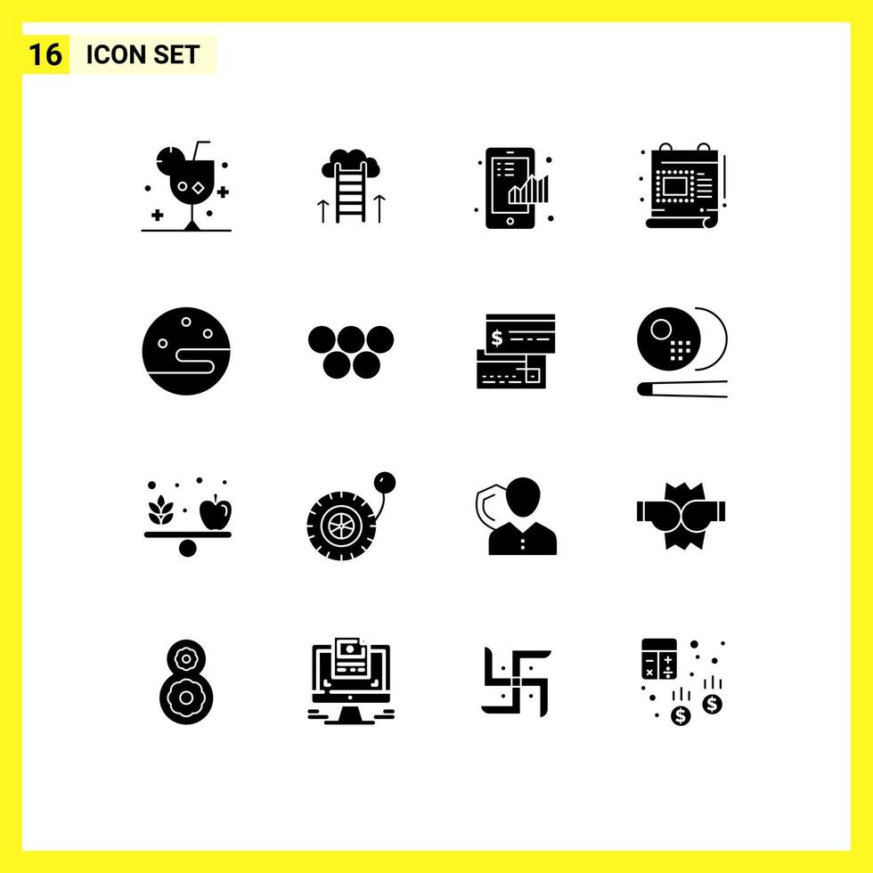 Pack of 16 Modern Solid Glyphs Signs and Symbols for Web Print Media such as document creative success statistical finance Editable Vector Design Elements