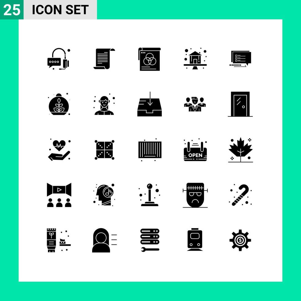 conjunto de pictogramas de 25 glifos sólidos simples de propiedad de cartel de chat de mensaje elementos de diseño de vector editables para el hogar