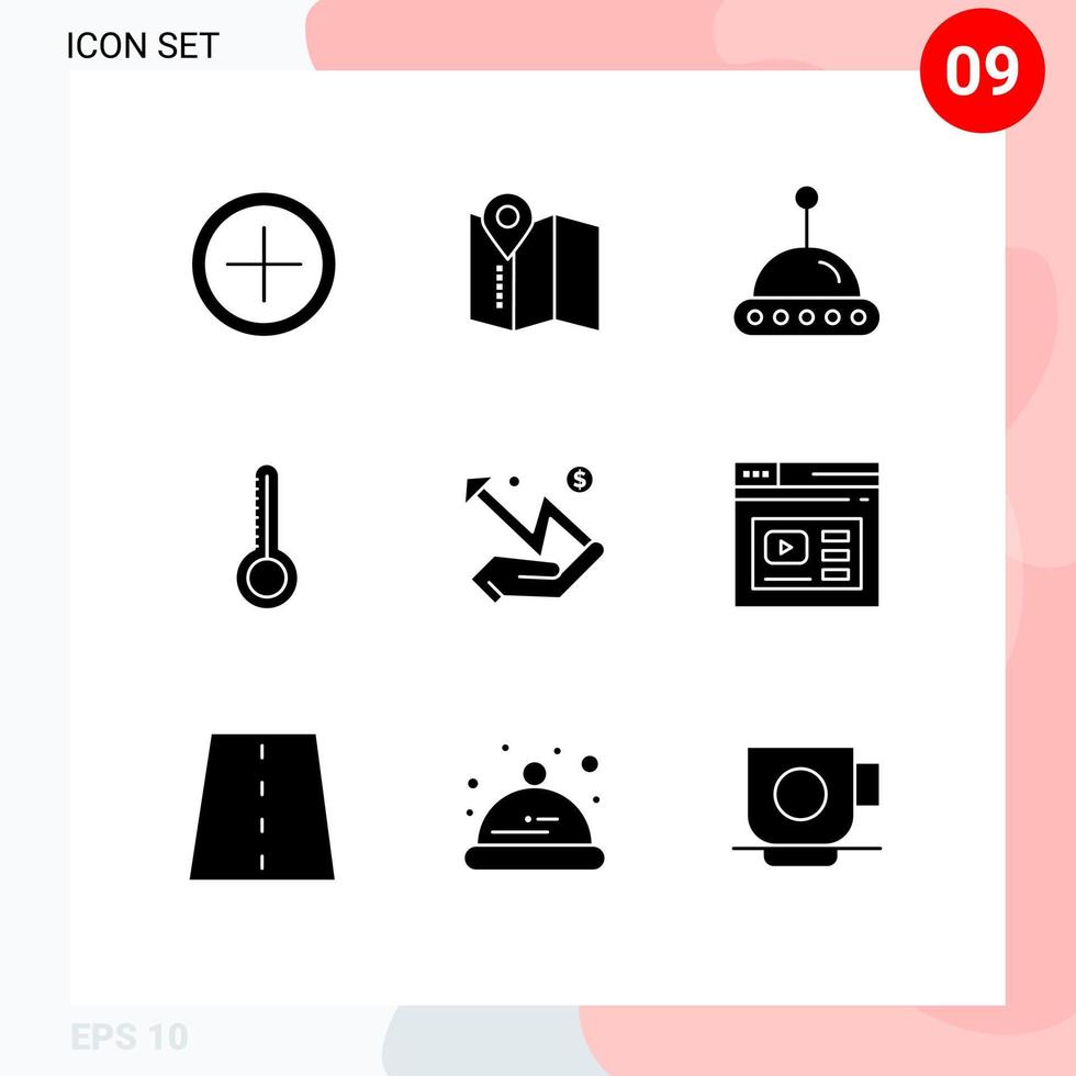 Set of 9 Commercial Solid Glyphs pack for page statistic ufo money hand Editable Vector Design Elements