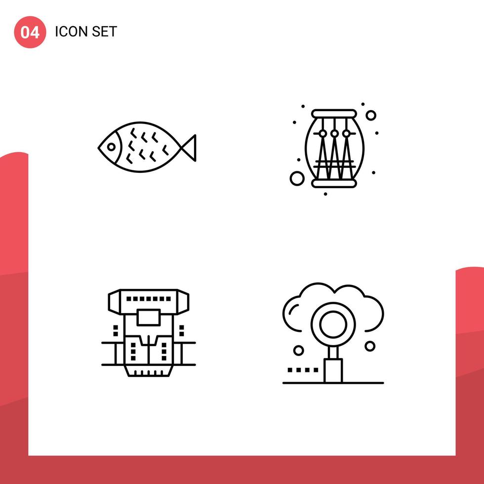 paquete de 4 colores planos creativos de línea de relleno de cámara de pescado comer elementos de diseño de vector editables de criónica de celebración